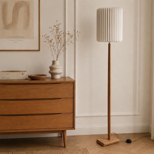 Lampadaire en bois origami – Lampadaire scandinave/japonais, douille E27, abat-jour en papier, 148/163 cm, fait main