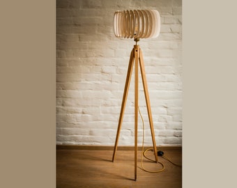 Tripod Stehlampe Dreibein Retro 60- 70iger Design Laub Holz Floor Lamp Wood