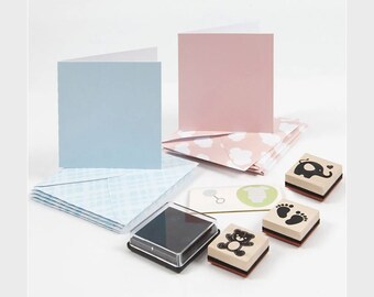 Baby lichtblauwe en roze kaarten- en stempelset