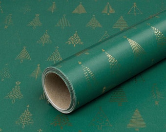 Christmas Paper Green with Golden Firs, Gift Wrapping Paper, Smooth, Roll 0.7 x 10 m