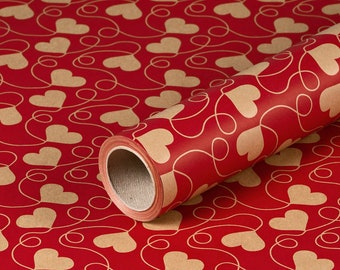 Gift wrapping paper red with hearts, kraft paper, smooth, roll 0.70 x 10 m