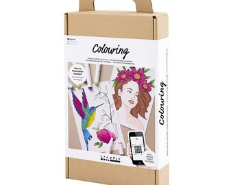 Kit créatif de démarrage à colorier avec marqueurs, comprenant des stylos, du papier et des instructions.