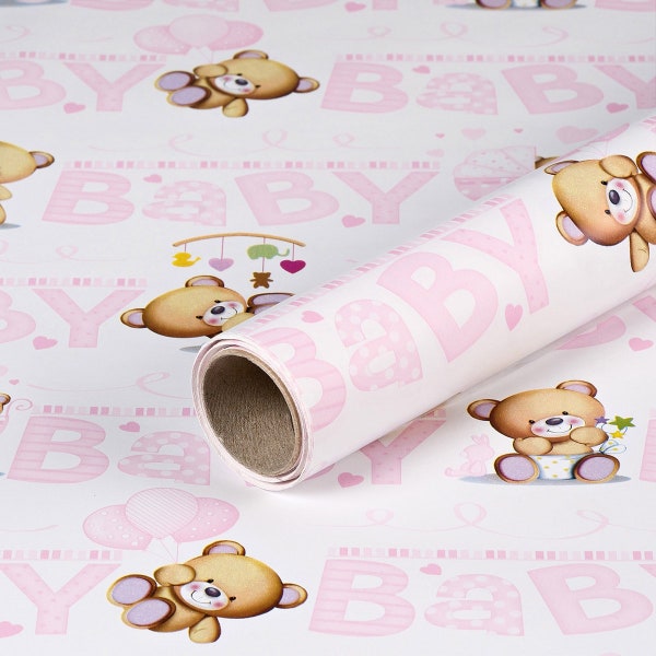 1,53 EUR/m Geschenkpapier Rosa mit Teddys, Kindergeburtstag, Babyparty, 0,70 x 10 m