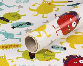 1,32 EUR/meter inpakpapier Little Monsters, wit, verjaardagspapier voor kinderen, 0,70 x 10 m