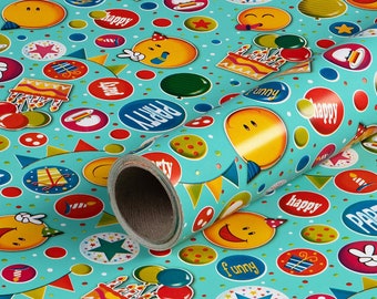 1,29 EUR/metro papel de regalo Emoticonos, azul, papel de cumpleaños, cumpleaños infantil, 0,70 x 10 m