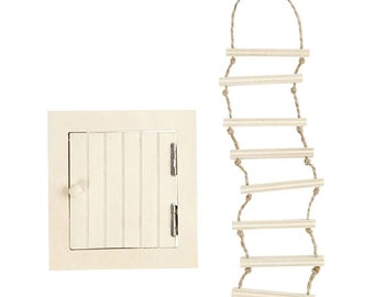 Wooden roof hatch and rope ladder, accessories for miniature worlds and dollhouses