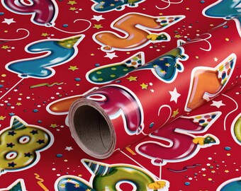 1,40 EUR/metro papel de regalo con números, rojo, papel de cumpleaños, cumpleaños infantil, 0,70 x 10 m