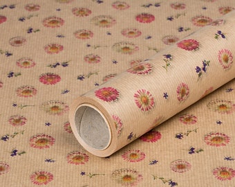 Gift wrap paper »Daisies«, kraft paper, ribbed, 0.70 x 10 m