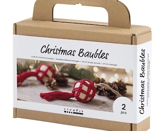 Creative set of macramé Christmas baubles, wooden baubles with red cord