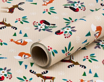 Christmas paper forest animals, beige gift wrapping paper, smooth, roll 0.7 x 10 m