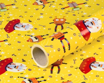 1,29 EUR/meter inpakpapier alien en robot, geel, verjaardagspapier voor kinderen, 0,70 x 10 m