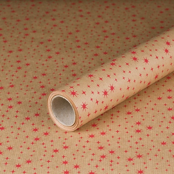 1,32 EUR/m Geschenkpapier, Rote Sterne, Weihnachtspapier, Kraftpapier, 0,70 x 10 m