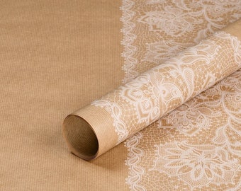 Gift wrapping paper White lace, brown kraft paper printed white, ribbed - 10 sheets á 50 x 70 cm