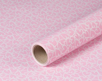 Gift wrapping paper pink w. white hearts, birthday paper, smooth - 1 roll 0,7 x 10 m