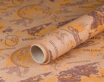 Gift wrapping paper Adventure World Tour, Kraft paper, smooth - 1 roll 0.70 x 10 m