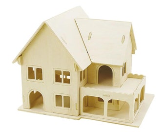 House with porch, plywood natural, to assemble and paint, 22.5 x 16 x 17.5 cm