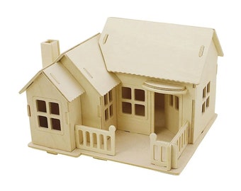 House with terrace, plywood natural, to assemble and paint, 19 x 17 x 15 cm