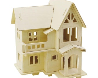 House with balcony, plywood natural, to assemble and paint, 15.8 x 17.5 x 19.5 cm