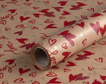 Wrapping paper "Love" red and silver, kraft paper, ribbed, roll 0.70 x 10 m