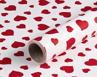 1,40 EUR/metro papel de regalo blanco con corazones rojos, papel de cumpleaños, 0,7 x 10 m