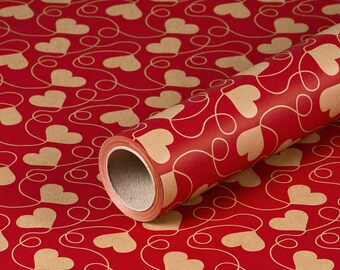 Gift wrapping paper red with hearts, kraft paper, smooth, roll 0.70 x 10 m (1,35 EUR/m)
