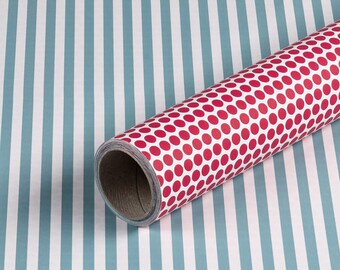 Gift wrapping paper light blue striped and red dotted, smooth, 0,7 x 10 m