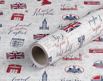 Wrapping Paper "London" Grey, Red and Blue, Birthday Paper, Smooth Roll 0.70 x 10 m