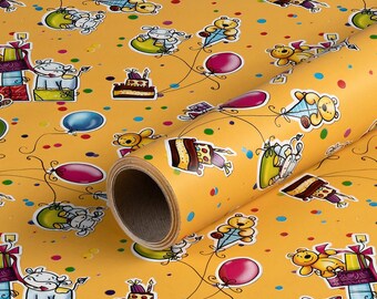 1,32 EUR/metro papel de regalo fiesta infantil, amarillo, papel de cumpleaños, 0,70 x 10 m