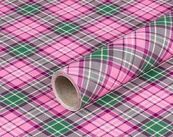 1,38 EUR/mètre papier cadeau tartan rose et vert, papier anniversaire, 0,70 x 10 m