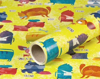 Gift wrapping paper Funny Dogs and Cats, Yellow, Birthday paper, smooth - 1 roll 0,7 x 10 m