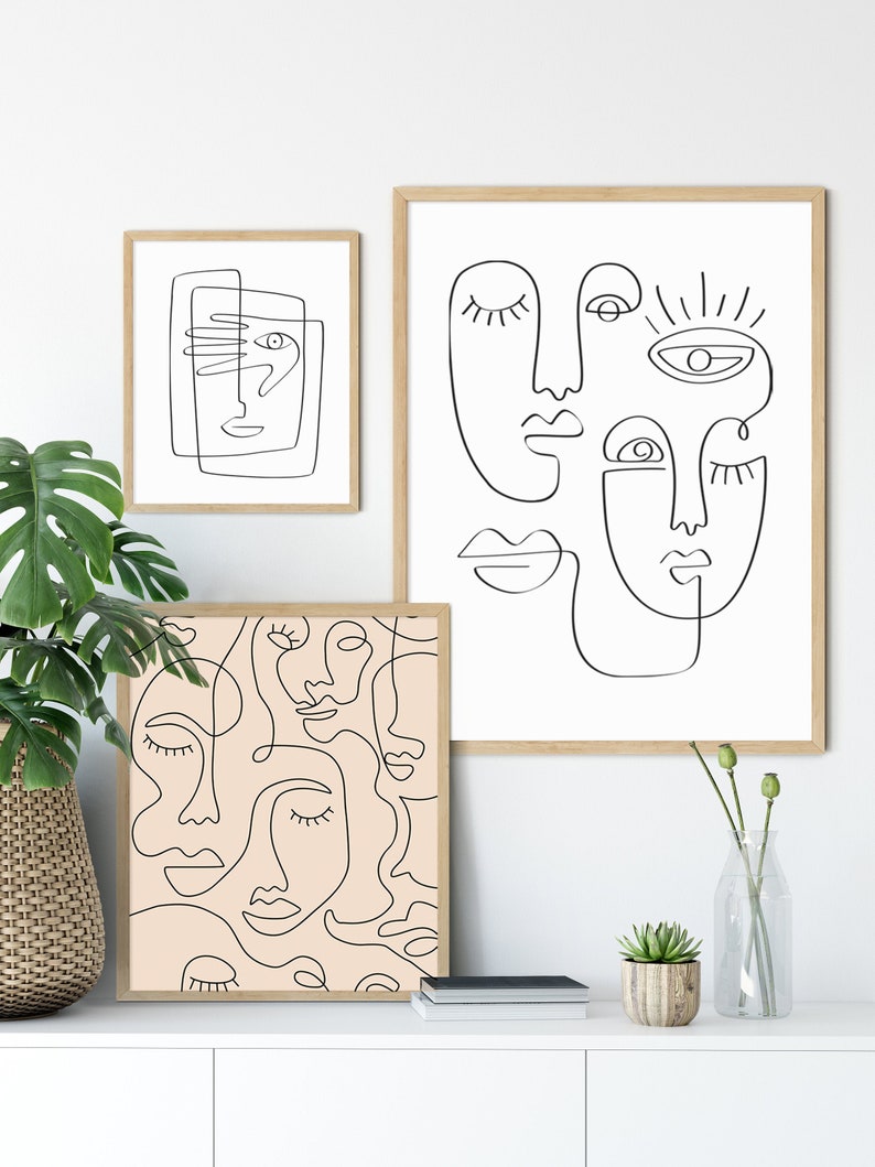 Set of 3 prints One Line Faces Line Art Face Continuous Line Art Face Line Art Minimal Wall Art DOWNLOAD INSTANT Digital art