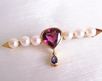 Brooch in 585 gold with rhodolite, pearls, tanzanite, blue, red, burgundy, unique piece by a master goldsmith, one-of-a-kind jewelry