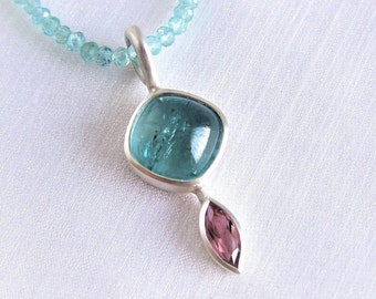 Blue apatite necklace with aquamarine pendant made of silver, blue stone, pink tourmaline, unique piece