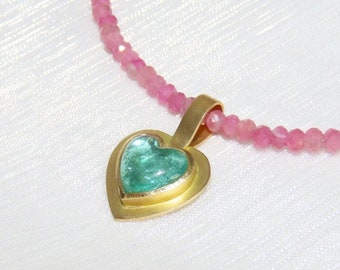Collana con tormalina con pendente a cuore oro 750, collana chakra del cuore, dichiarazione d'amore, pezzo unico