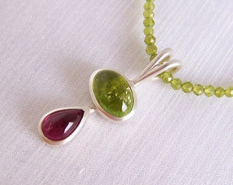 Tourmaline cabochon pendant silver with peridot chain, pink, green, unique piece