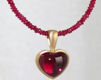 Rhodolite heart pendant 585 rose gold, cherry red heart necklace, garnet, unique piece