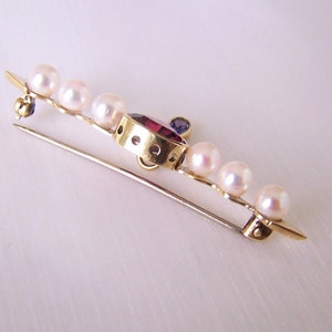 Brooch 585 gold with rhodolite, pearls, tanzanite, blue, red, burgundy, unique piece by a master craftsman image 5