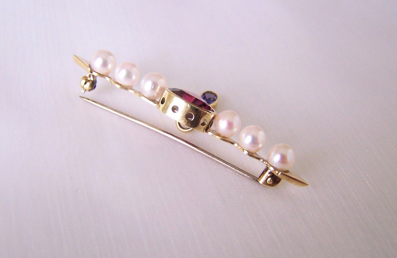 Brooch 585 gold with rhodolite, pearls, tanzanite, blue, red, burgundy, unique piece by a master craftsman image 5