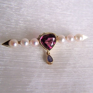 Brooch 585 gold with rhodolite, pearls, tanzanite, blue, red, burgundy, unique piece by a master craftsman image 3