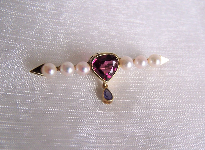 Brooch 585 gold with rhodolite, pearls, tanzanite, blue, red, burgundy, unique piece by a master craftsman image 3