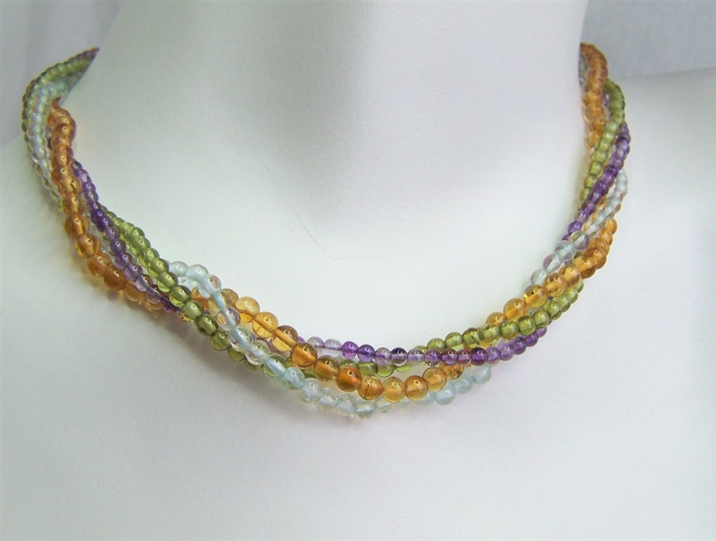 Bunte Edelsteinkette aus Citrin, Aquamarin, Amethyst und Peridot, gedrehte Kette, Vintage Kette Einzelstück Bild 1