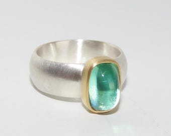 Green tourmaline ring in silver and 750 gold, W 58, wide silver ring, goldsmith's jewelry, unique piece of jewelry from a goldsmith
