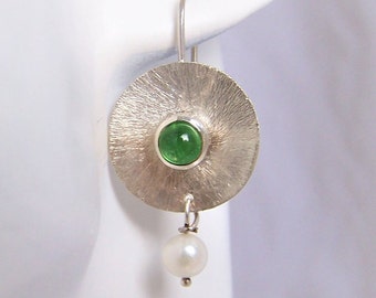 Silver earrings with tsavorite and pearls, green drop earrings, garnet cabochon, goldsmith jewelry, unique jewelry