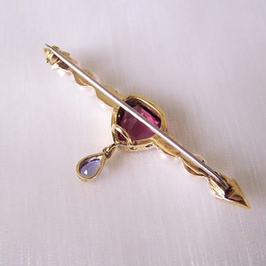 Brooch 585 gold with rhodolite, pearls, tanzanite, blue, red, burgundy, unique piece by a master craftsman image 7
