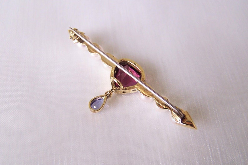 Brooch 585 gold with rhodolite, pearls, tanzanite, blue, red, burgundy, unique piece by a master craftsman image 7