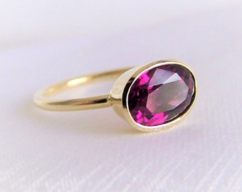 Anillo de turmalina rosa y roja realizado en oro 585, ancho 52-53, morado, anillo de compromiso, anillo de rubelita, pieza única