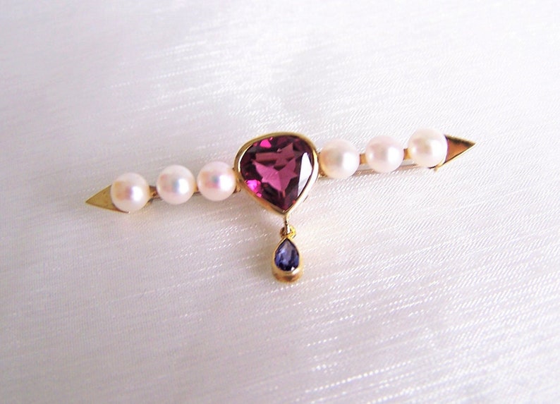 Brooch 585 gold with rhodolite, pearls, tanzanite, blue, red, burgundy, unique piece by a master craftsman image 1