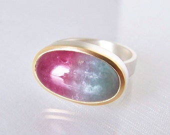 Pink tourmaline ring made of silver and 750 gold, cabochon ring, W 58, large stone, valuable unique piece