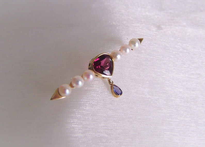 Brooch 585 gold with rhodolite, pearls, tanzanite, blue, red, burgundy, unique piece by a master craftsman image 4