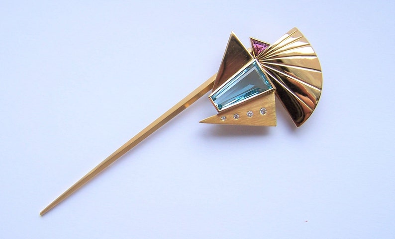 Broche de aguamarina hecho de oro 750 con turmalina y diamantes, lujosa pieza única del orfebre Unikatmeister imagen 1